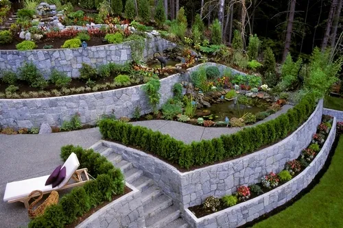 Multiple terrace retaining walls in a landscaped backyard